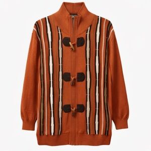 Silver Silk Toggle Cardigan Sweater Men L/XL Orange Striped Elbow Patch Full Zip
